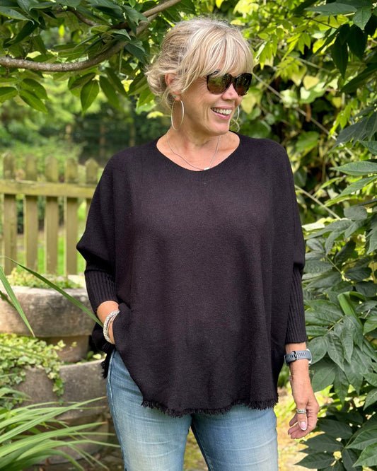 clothing Slash Neck Fringed Poncho Jumper - Black