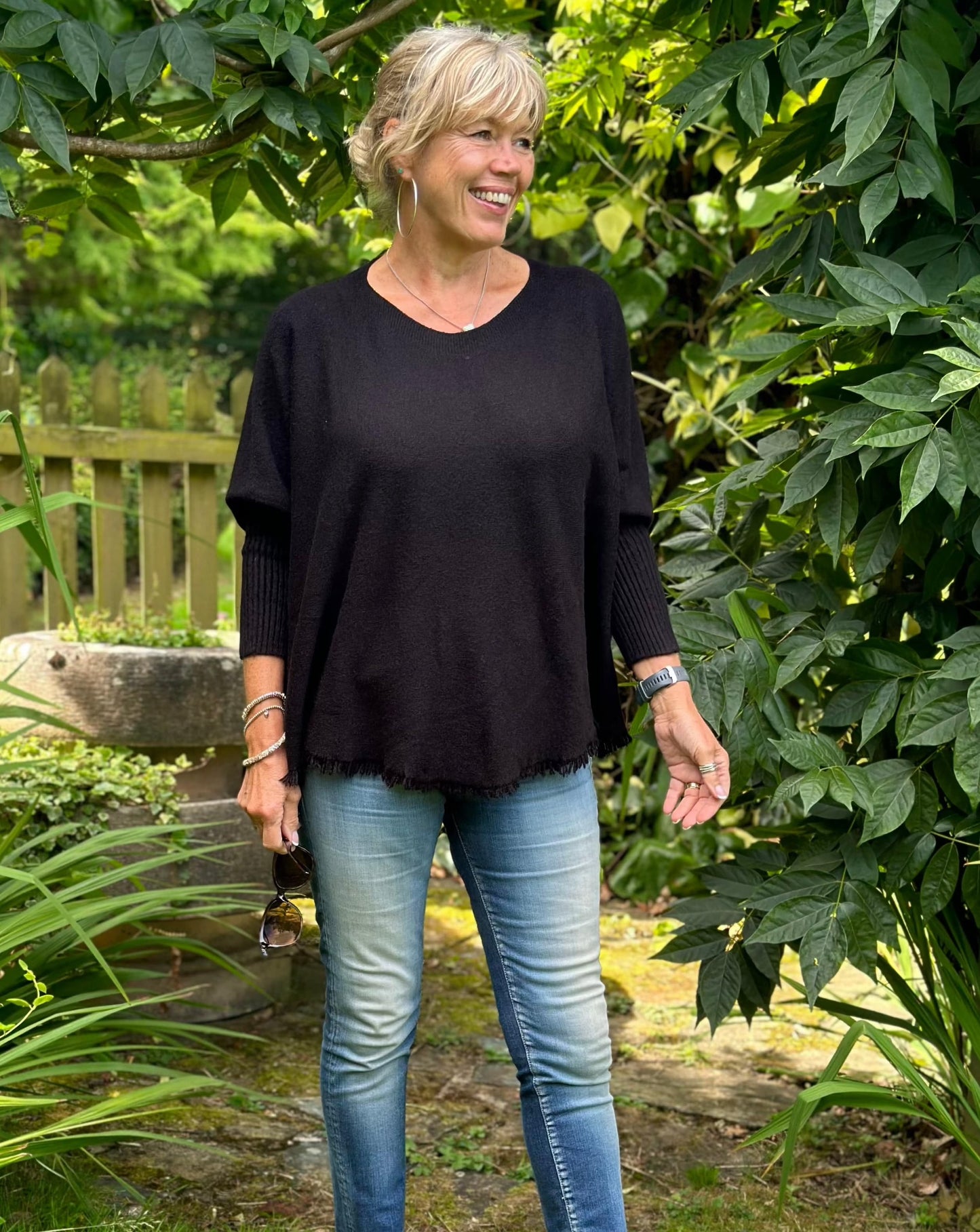 clothing Slash Neck Fringed Poncho Jumper - Black