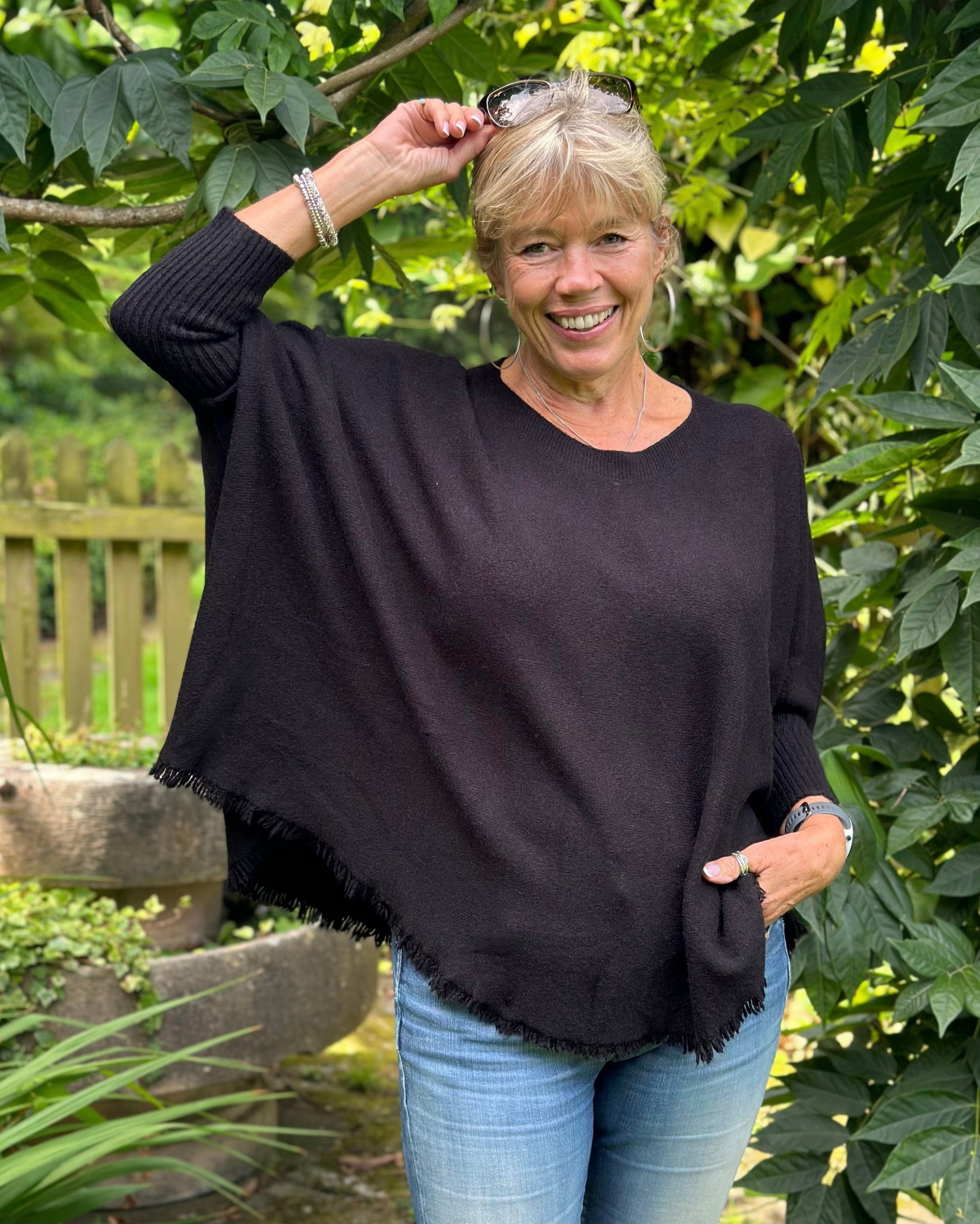 clothing Slash Neck Fringed Poncho Jumper - Black