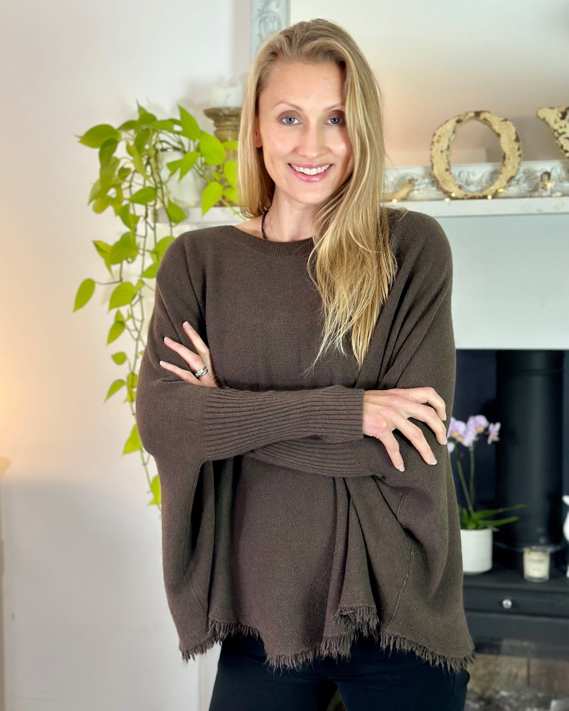 clothing Slash Neck Fringed Poncho Jumper - Brown