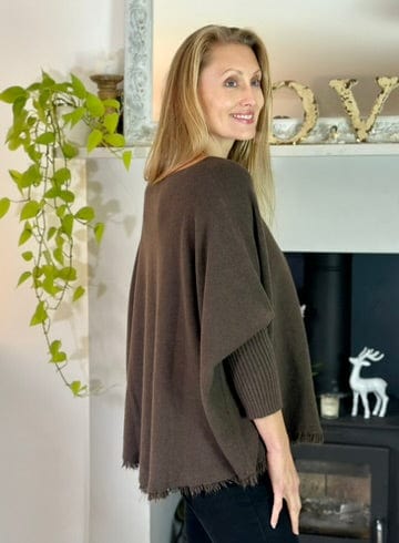 clothing Slash Neck Fringed Poncho Jumper - Brown