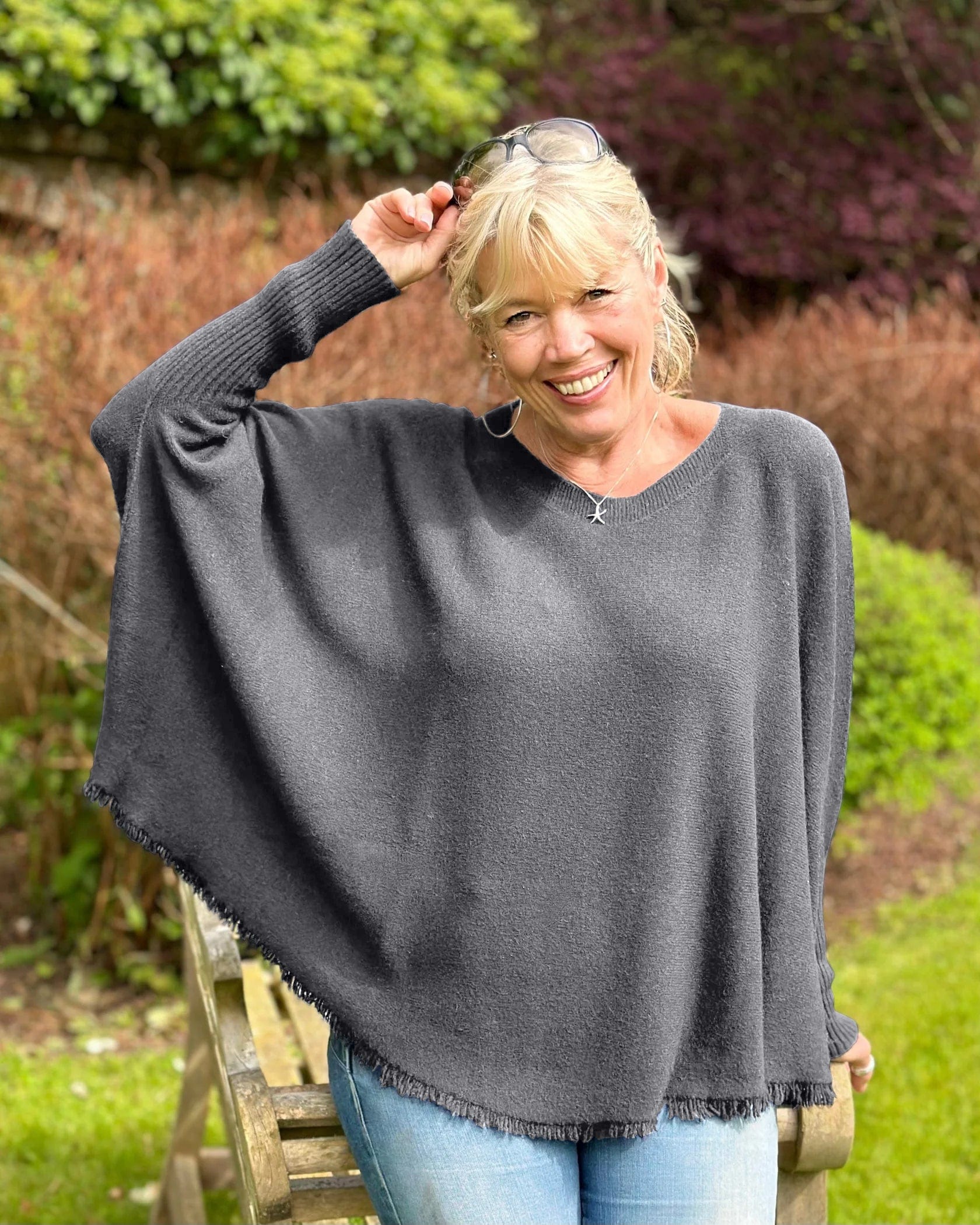 clothing Slash Neck Fringed Poncho Jumper - Charcoal