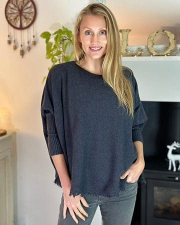 clothing Slash Neck Fringed Poncho Jumper - Charcoal