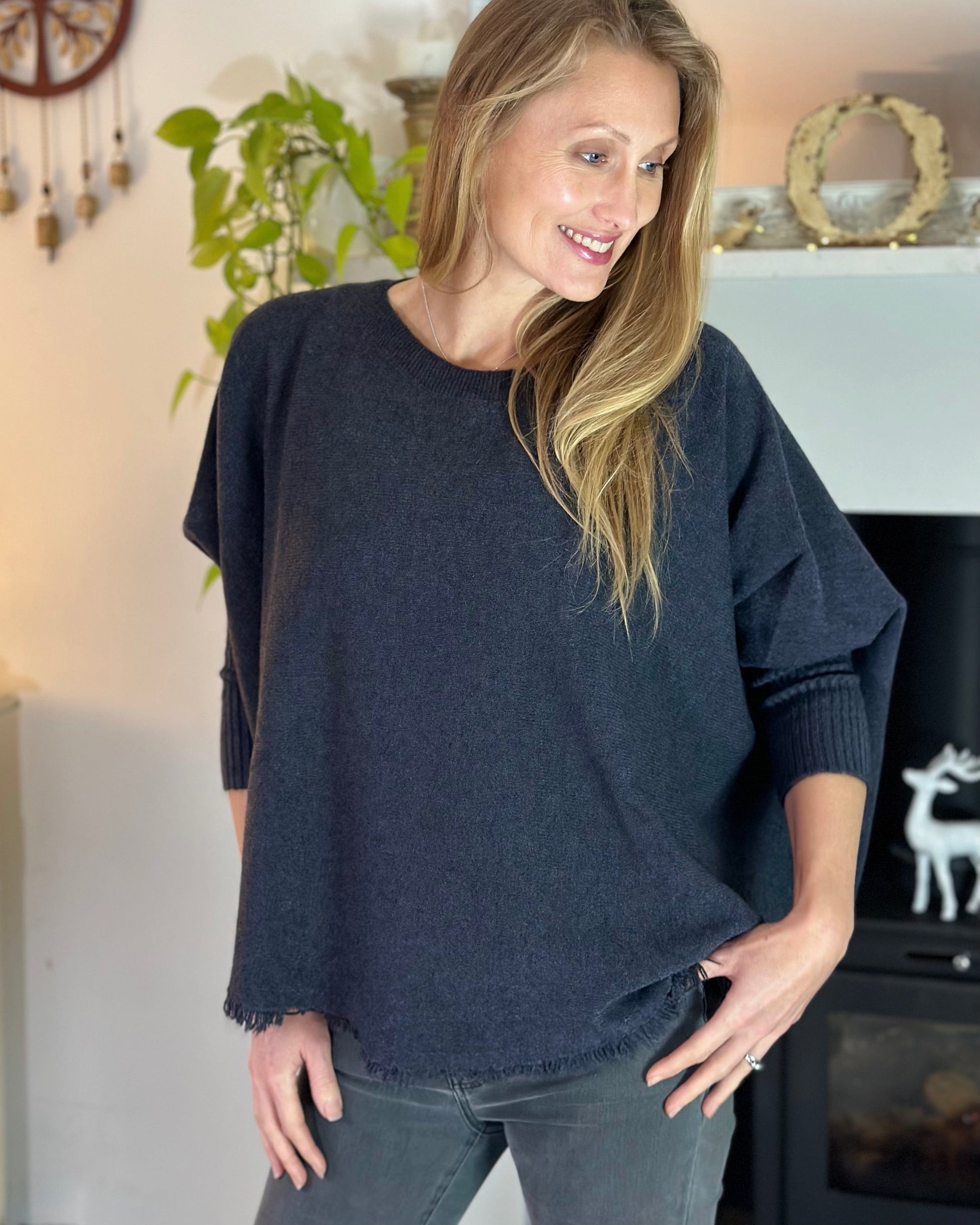 clothing Slash Neck Fringed Poncho Jumper - Charcoal