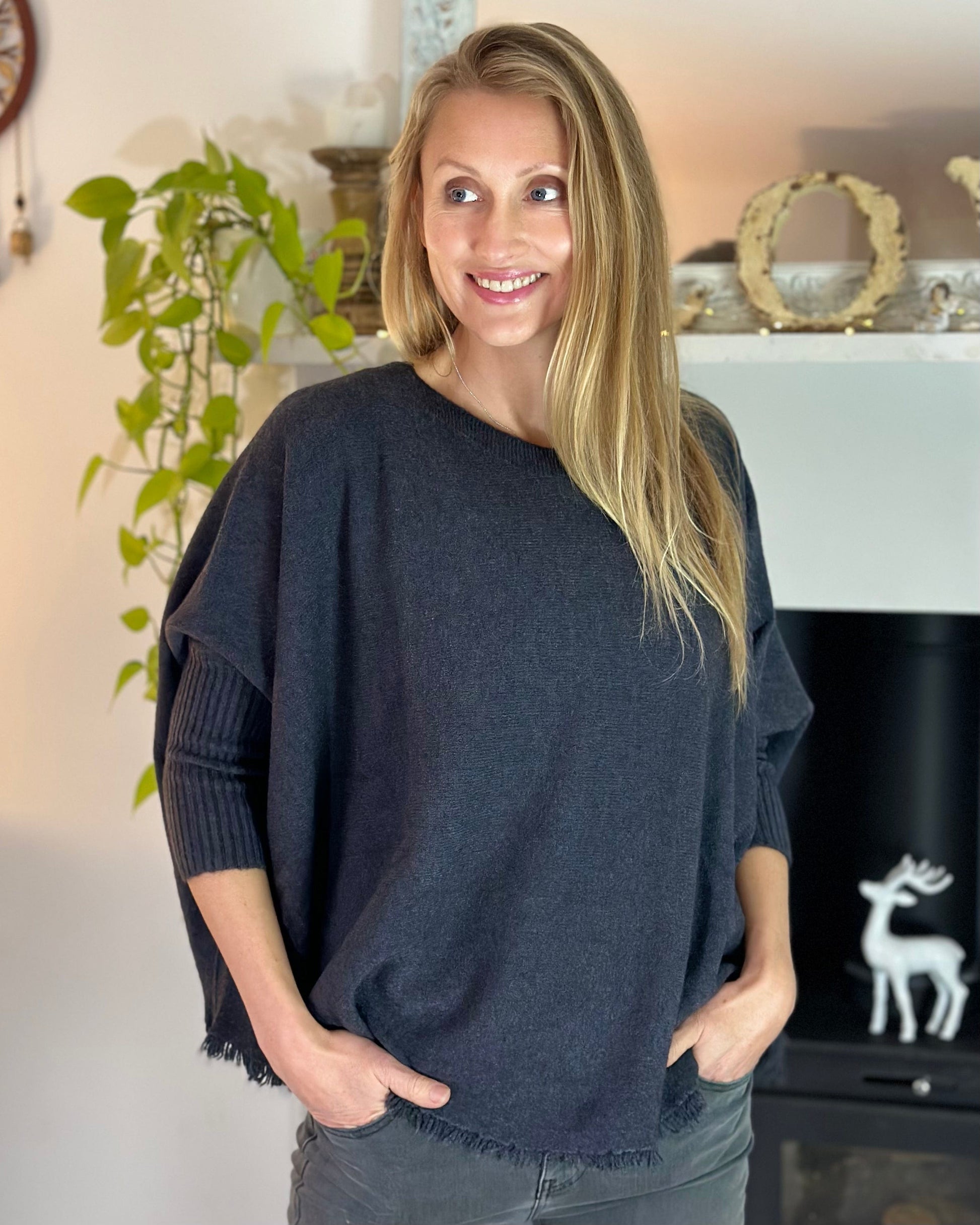 clothing Slash Neck Fringed Poncho Jumper - Charcoal