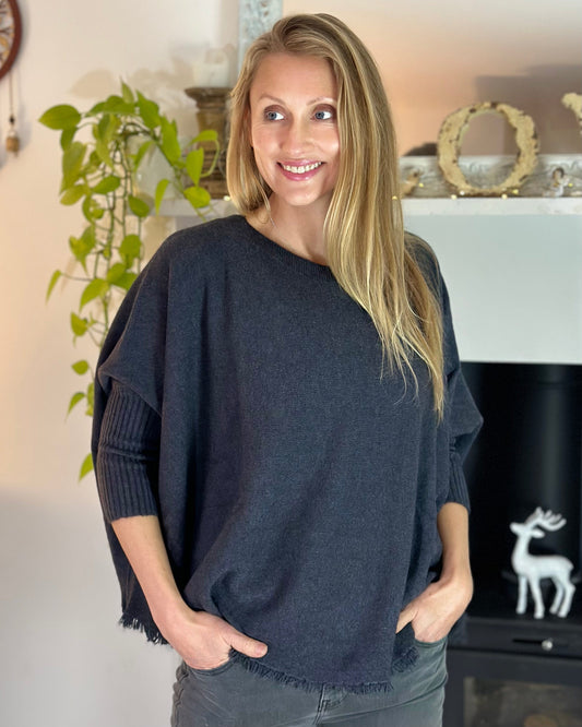 clothing Slash Neck Fringed Poncho Jumper - Charcoal