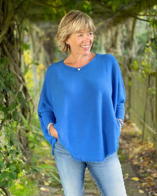 clothing Slash Neck Fringed Poncho Jumper - Cobalt Blue