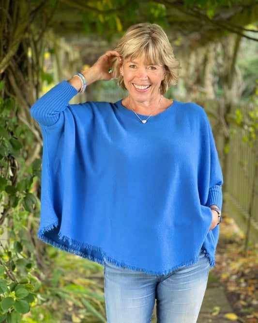 clothing Slash Neck Fringed Poncho Jumper - Cobalt Blue