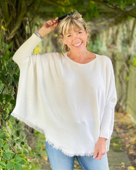 clothing Slash Neck Fringed Poncho Jumper - Cream