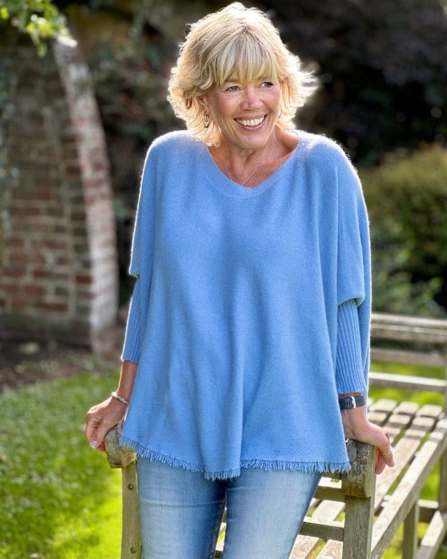 clothing Slash Neck Fringed Poncho Jumper - Denim Blue