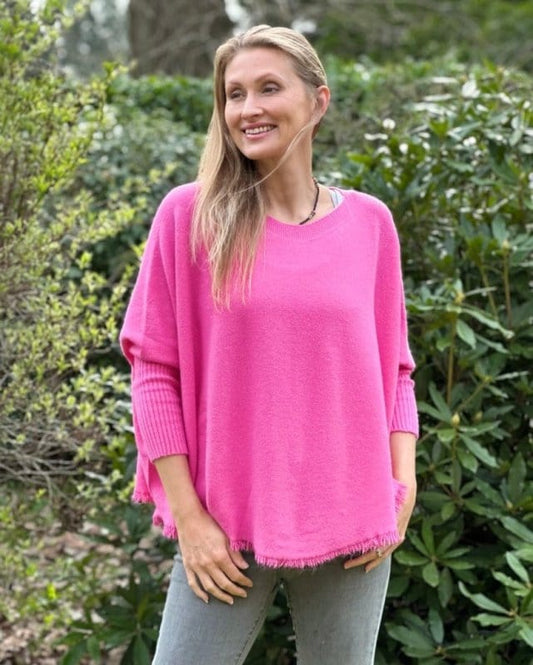 clothing Slash Neck Fringed Poncho Jumper - Fuchsia