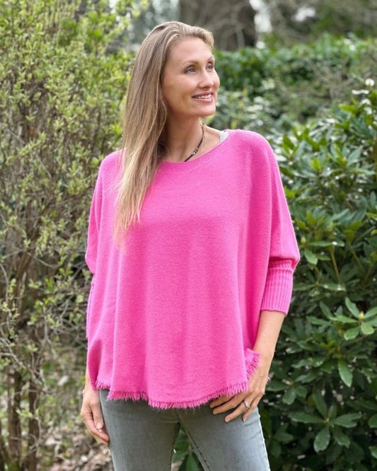 clothing Slash Neck Fringed Poncho Jumper - Fuchsia