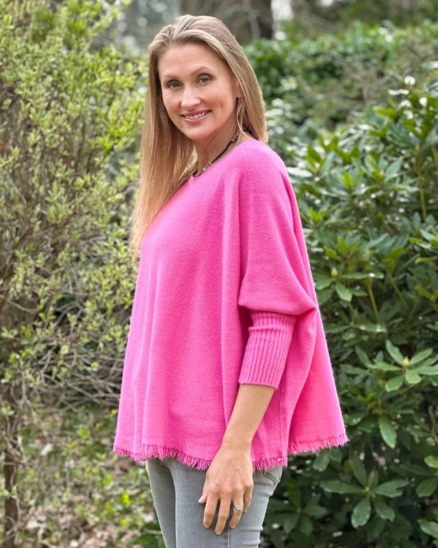 clothing Slash Neck Fringed Poncho Jumper - Fuchsia