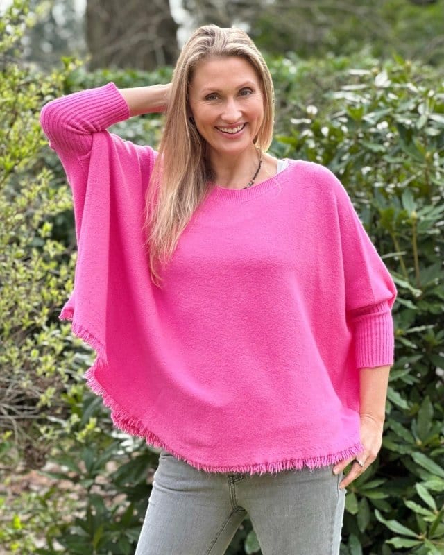 clothing Slash Neck Fringed Poncho Jumper - Fuchsia