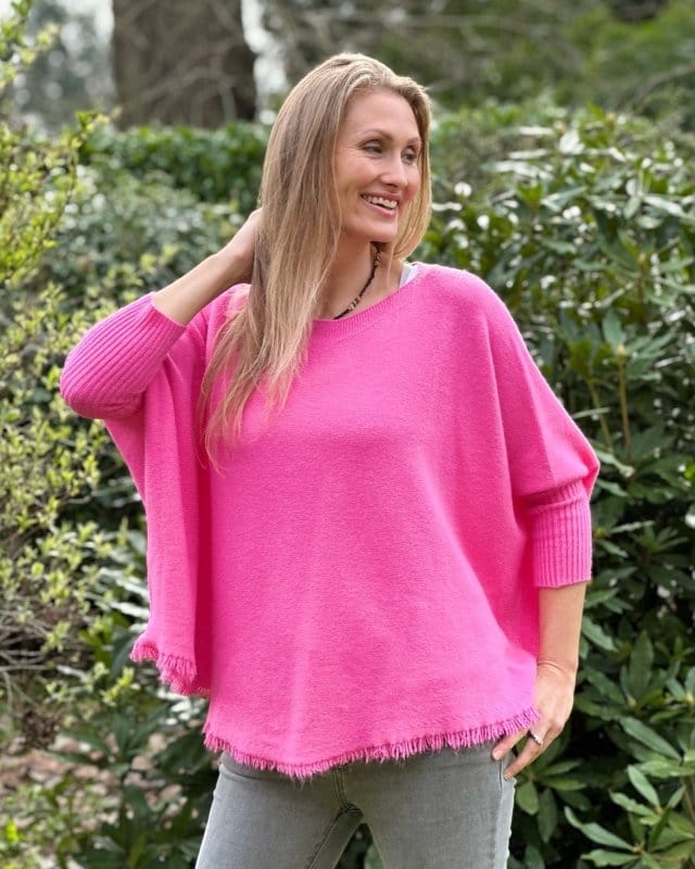 clothing Slash Neck Fringed Poncho Jumper - Fuchsia