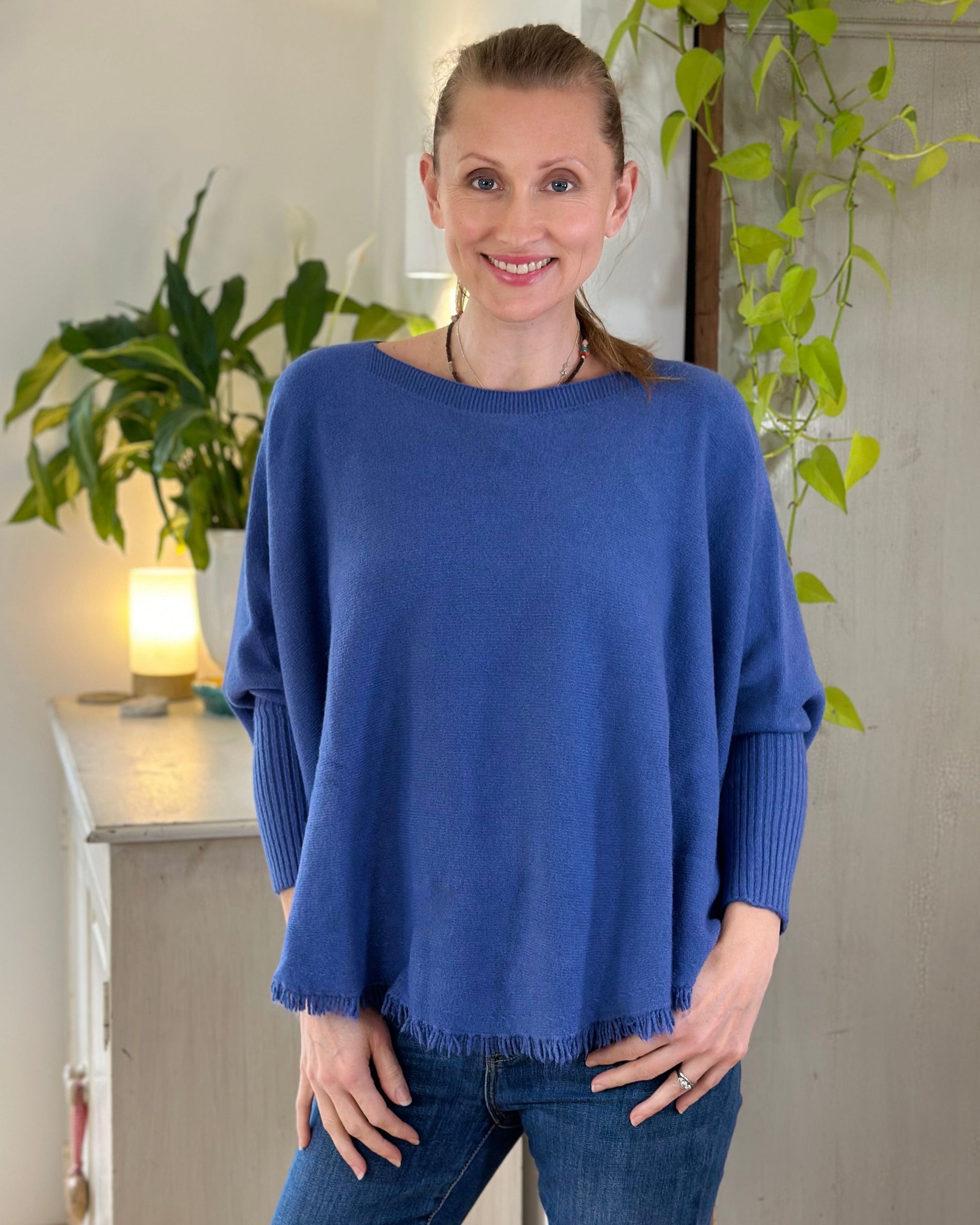 clothing Slash Neck Fringed Poncho Jumper - Marine blue