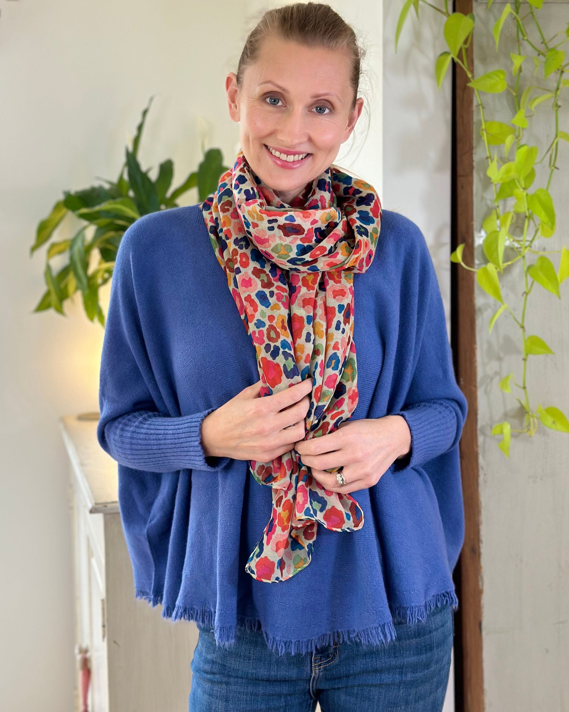 clothing Slash Neck Fringed Poncho Jumper - Marine blue