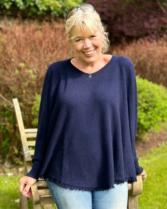 clothing Slash Neck Fringed Poncho Jumper - Navy