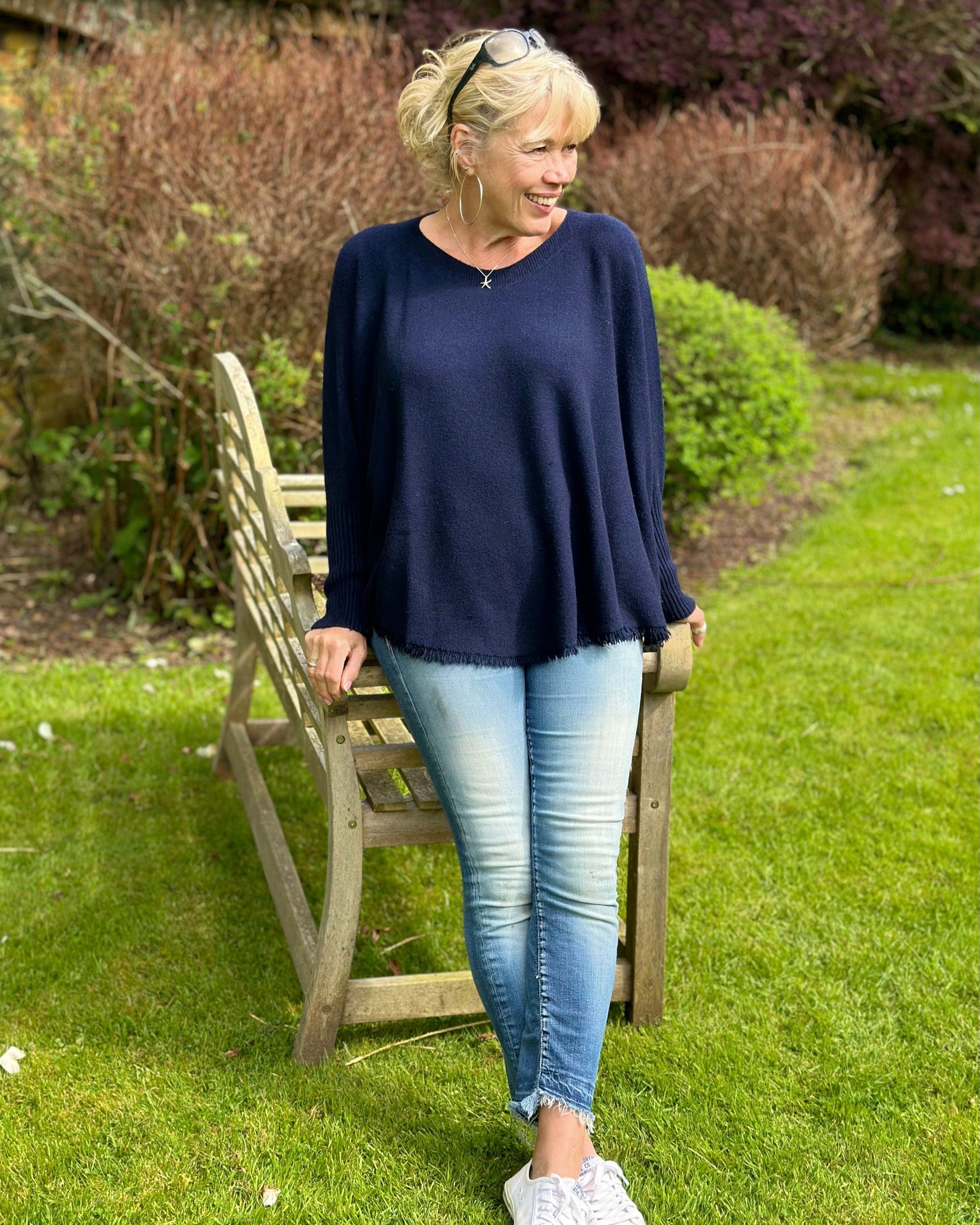 clothing Slash Neck Fringed Poncho Jumper - Navy