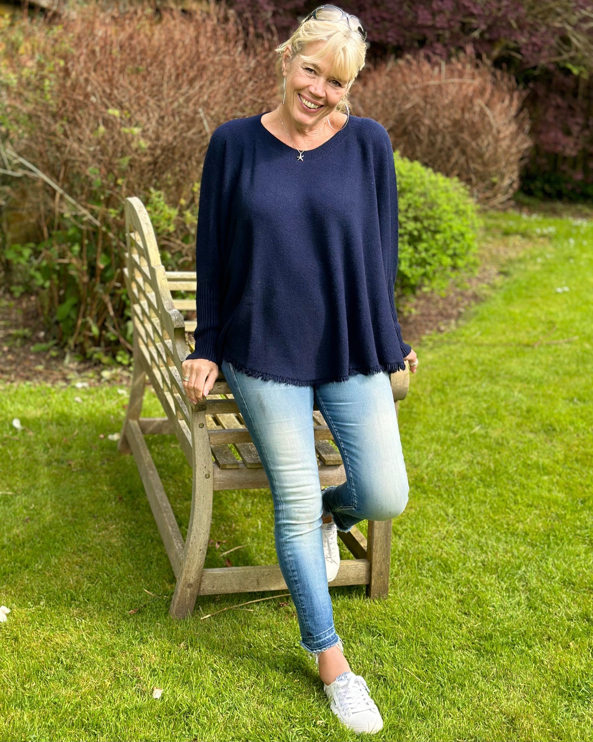 clothing Slash Neck Fringed Poncho Jumper - Navy