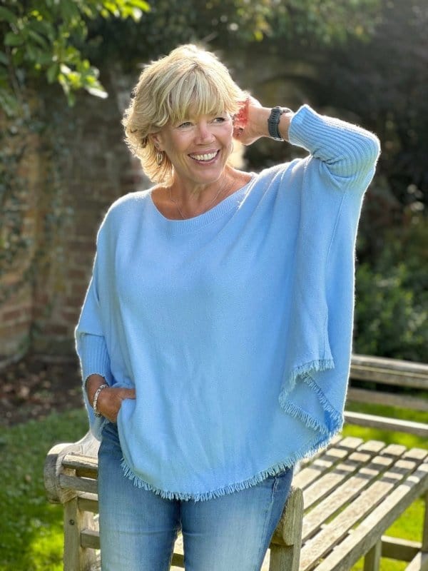 clothing Slash Neck Fringed Poncho Jumper - Pale Blue