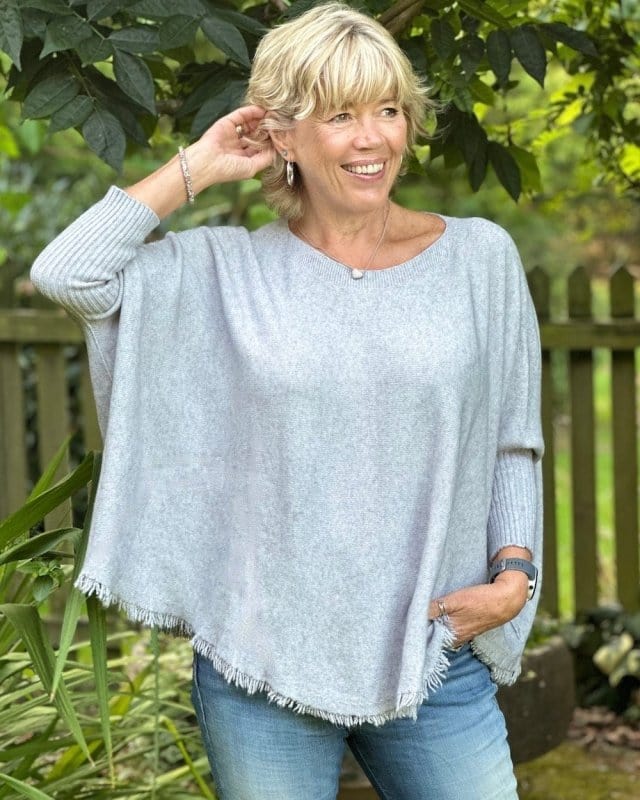 clothing Slash Neck Fringed Poncho Jumper - Pale Grey