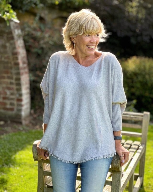 clothing Slash Neck Fringed Poncho Jumper - Pale Grey