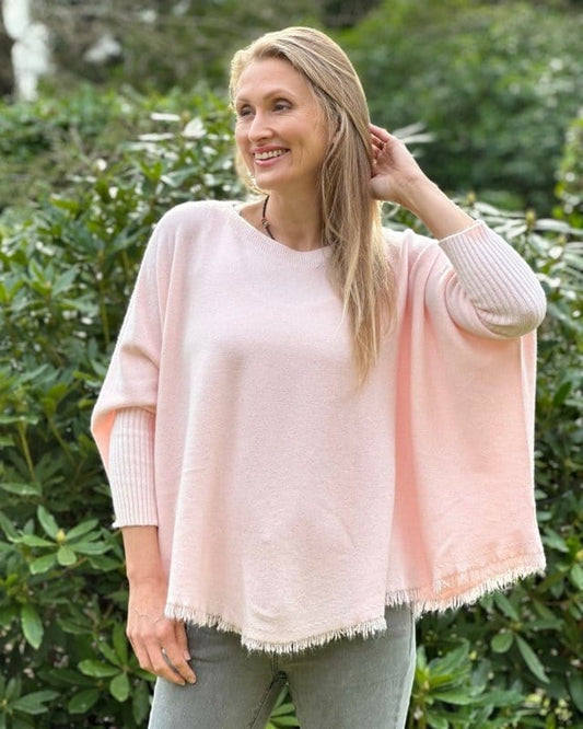 clothing Slash Neck Fringed Poncho Jumper - Pale Pink