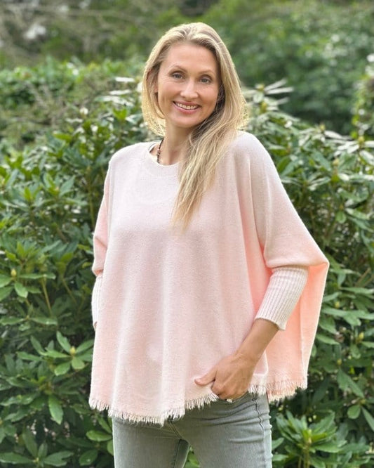 clothing Slash Neck Fringed Poncho Jumper - Pale Pink