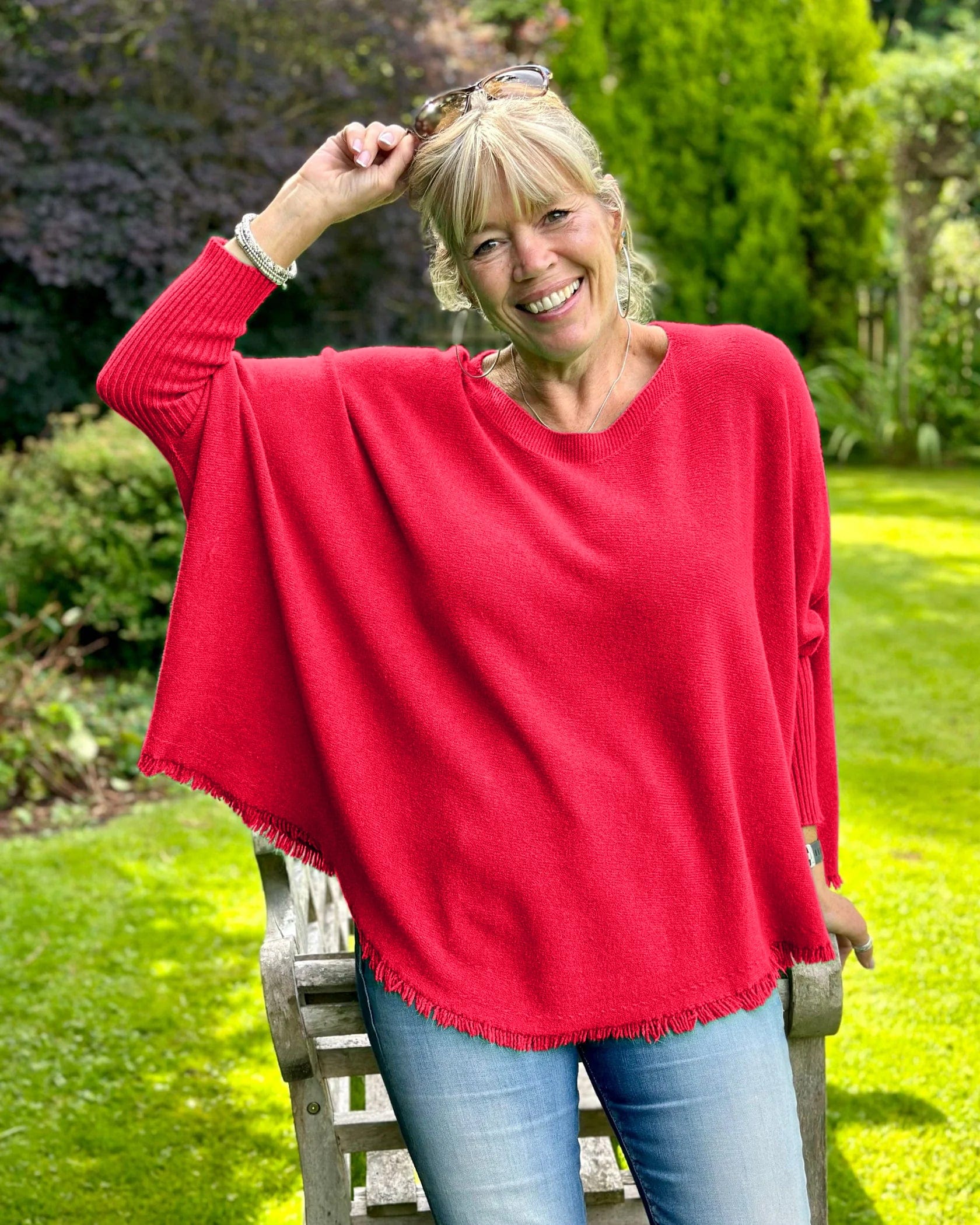 clothing Slash Neck Fringed Poncho Jumper - Red
