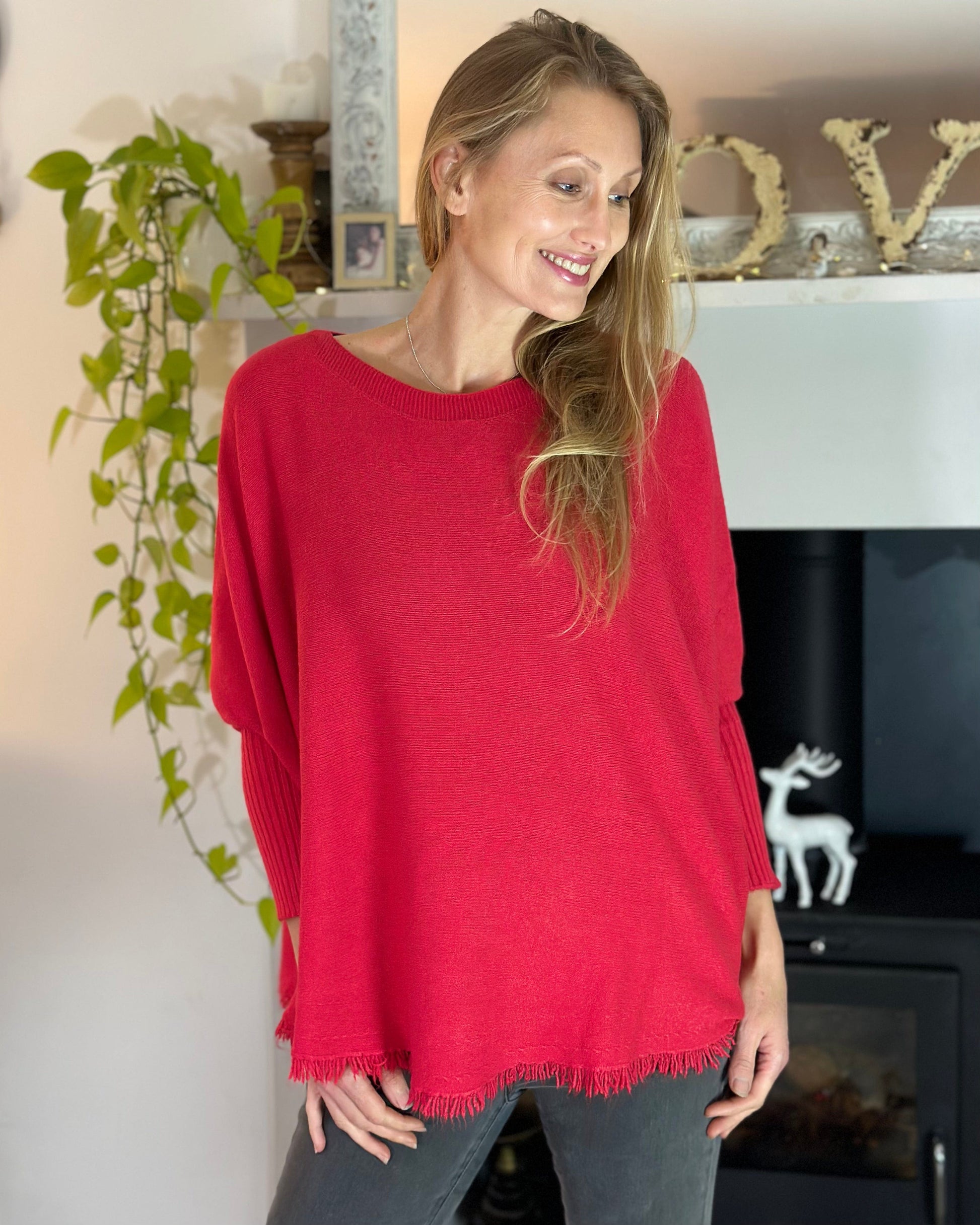 clothing Slash Neck Fringed Poncho Jumper - Red