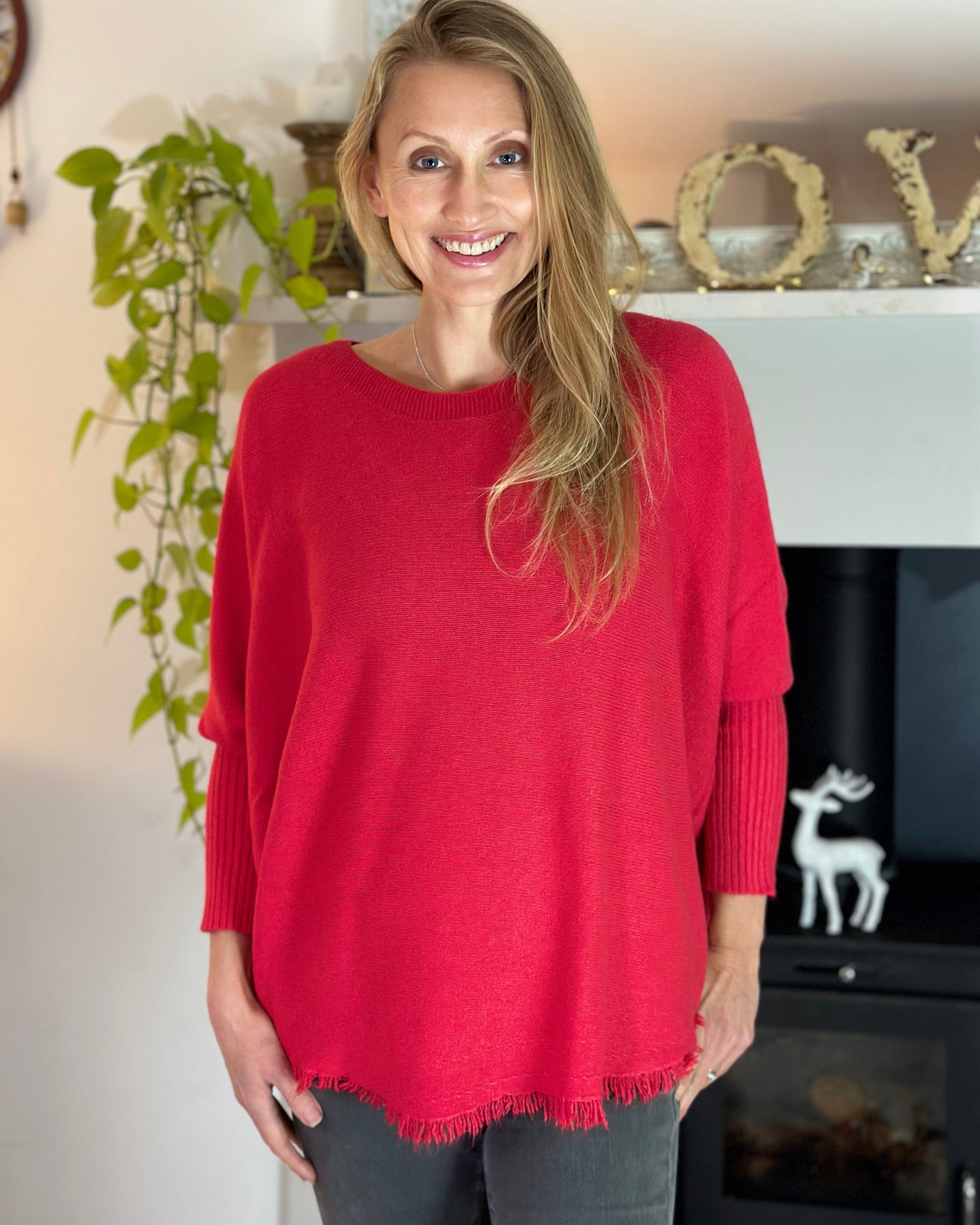 clothing Slash Neck Fringed Poncho Jumper - Red