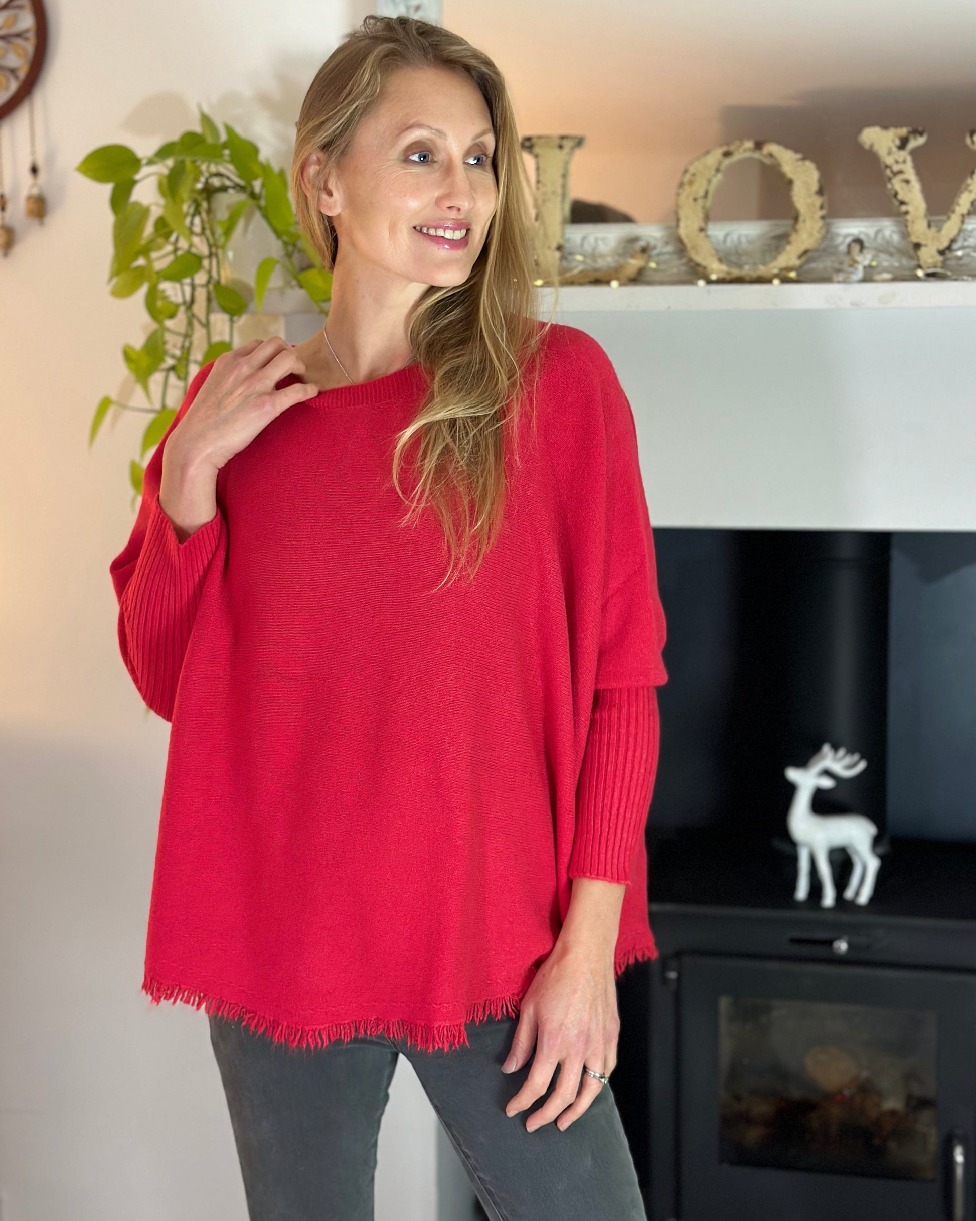 clothing Slash Neck Fringed Poncho Jumper - Red