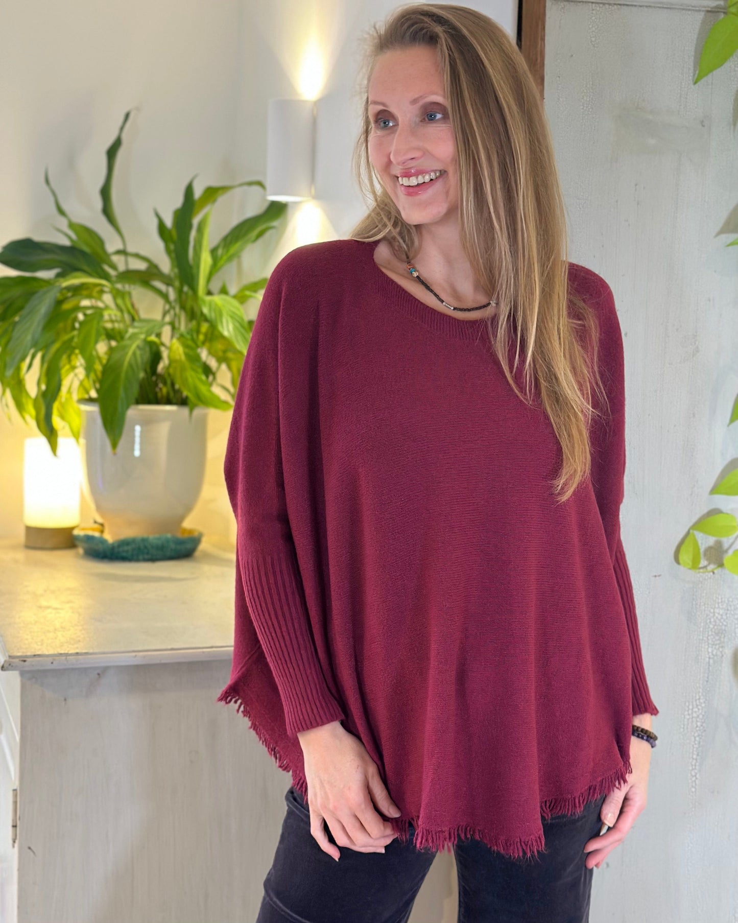 clothing Slash Neck Fringed Poncho Jumper - Wine