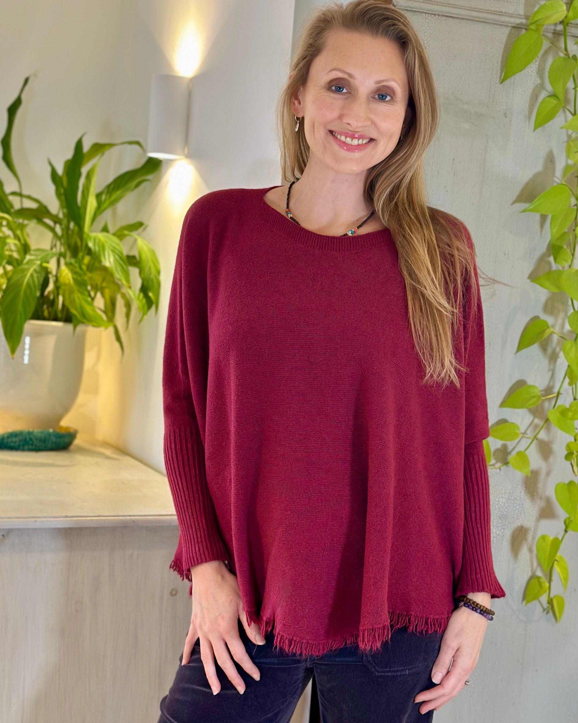 clothing Slash Neck Fringed Poncho Jumper - Wine