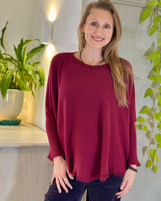 clothing Slash Neck Fringed Poncho Jumper - Wine
