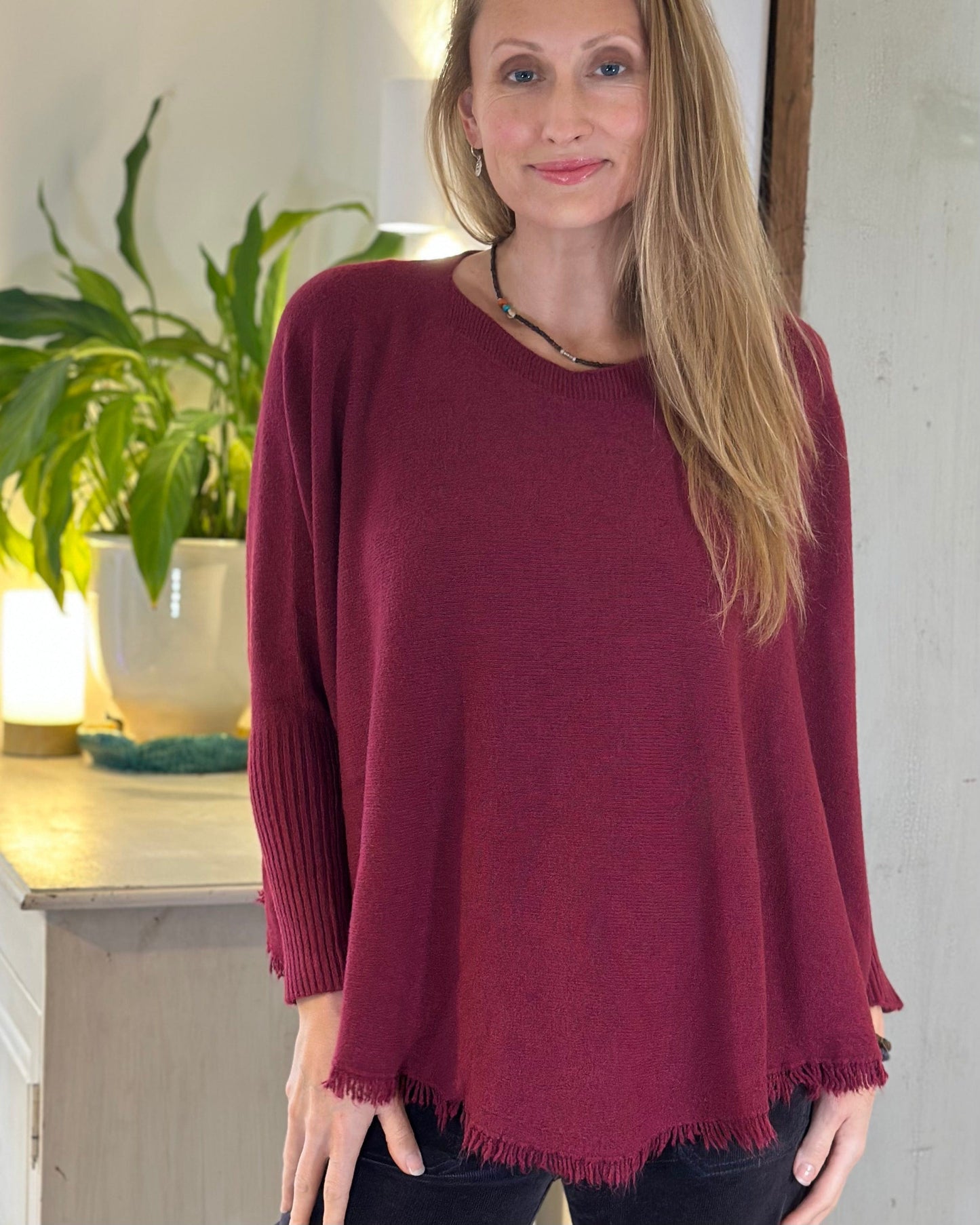 clothing Slash Neck Fringed Poncho Jumper - Wine