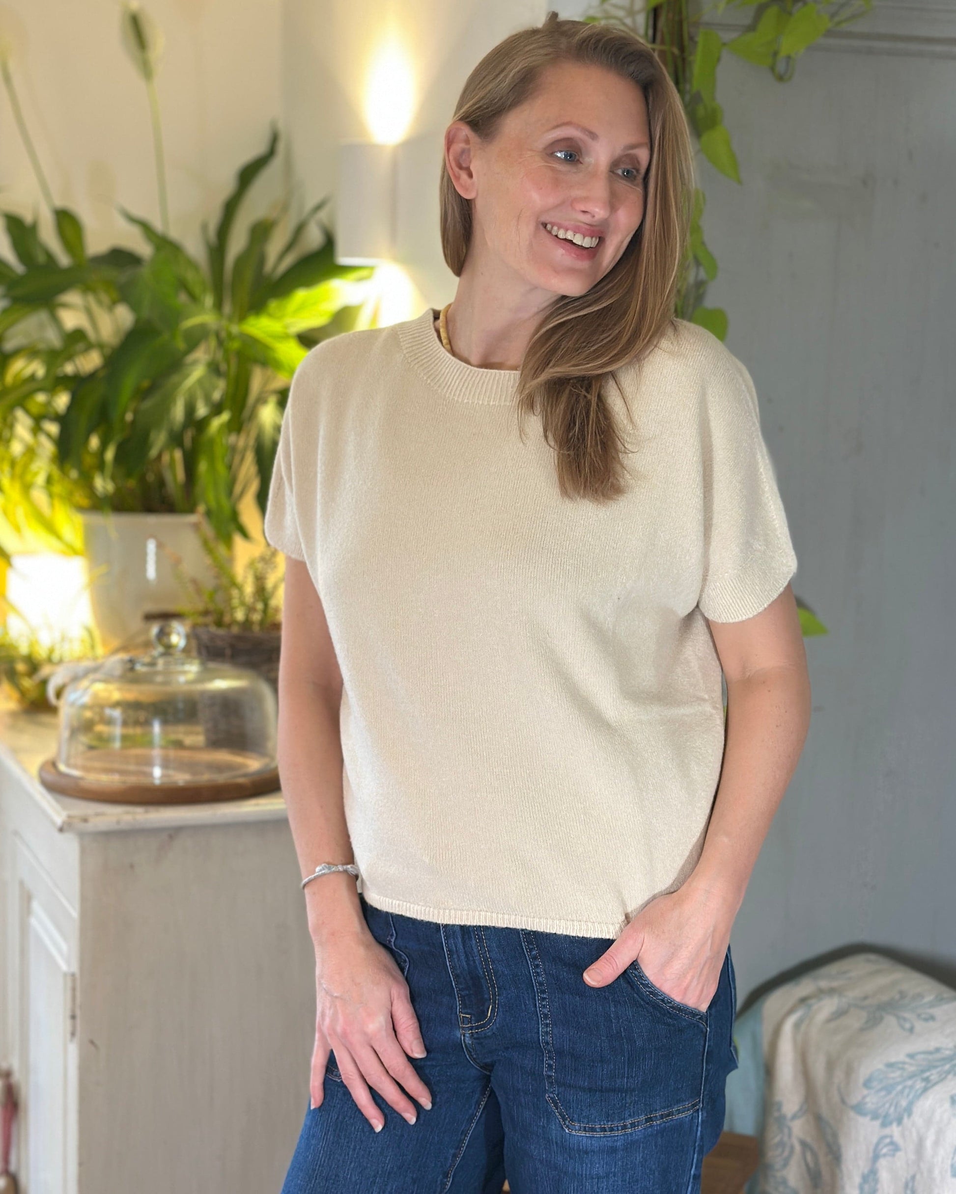 clothing Slash Neck Short Sleeve Jumper - Sand