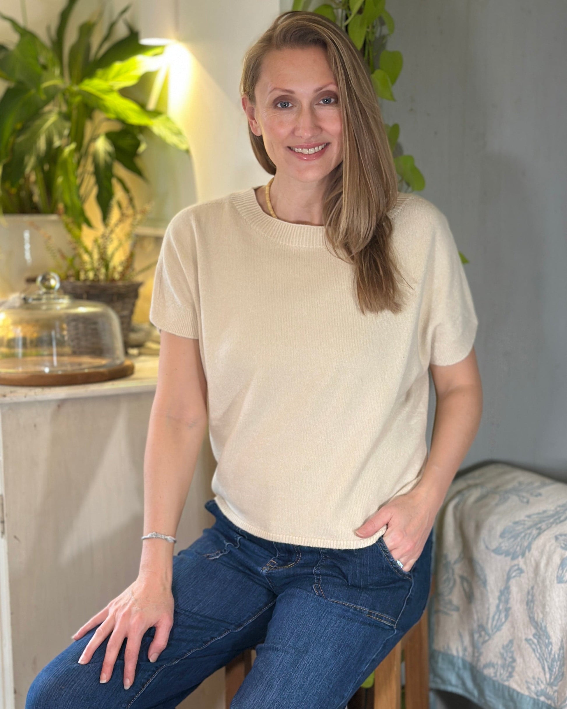 clothing Slash Neck Short Sleeve Jumper - Sand