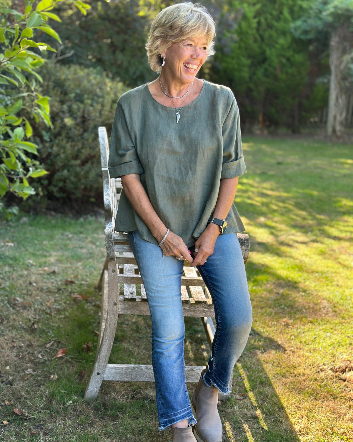 Clothing Sleeved Button Back Linen Top - Khaki