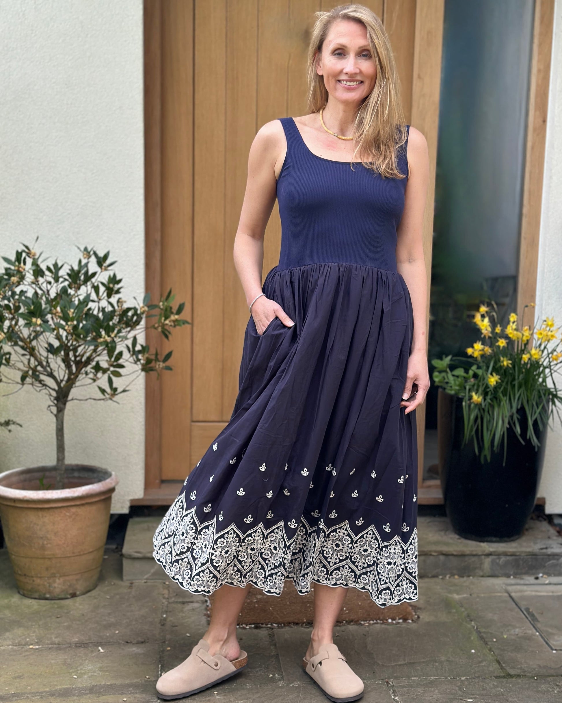 Clothing Sleeveless Jersey Bodice Embroidered Dress - Navy