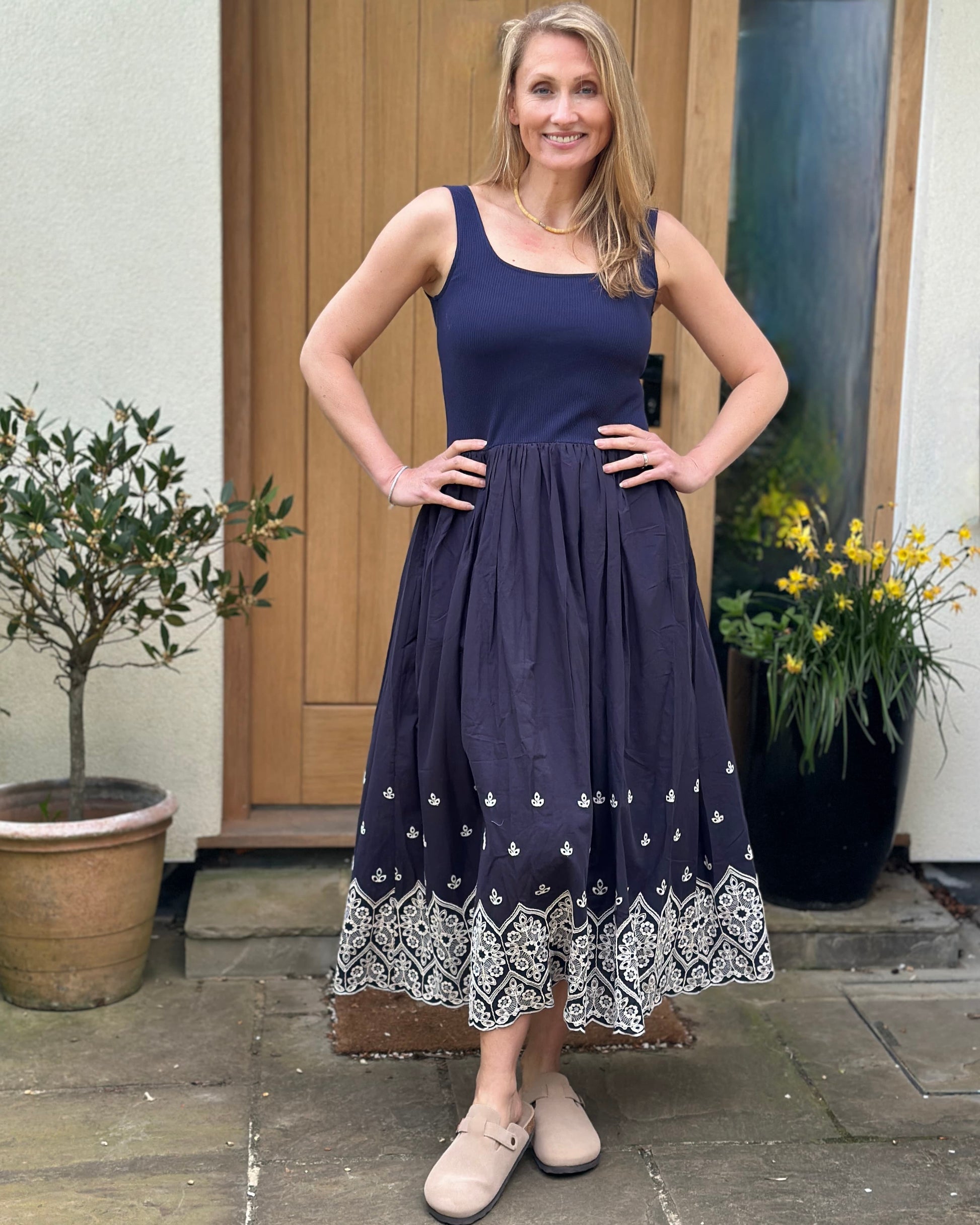 Clothing Sleeveless Jersey Bodice Embroidered Dress - Navy