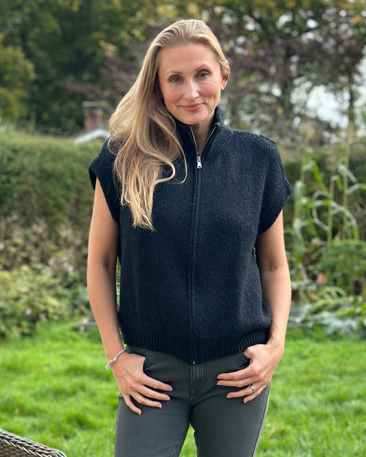 clothing Sleeveless Mohair Zip-Up Jacket - Black