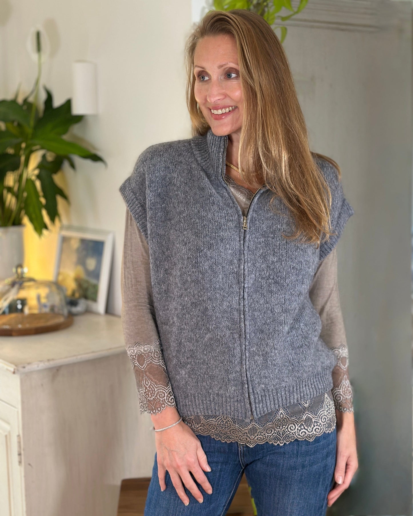 clothing Sleeveless Mohair Zip-Up Jacket - Grey