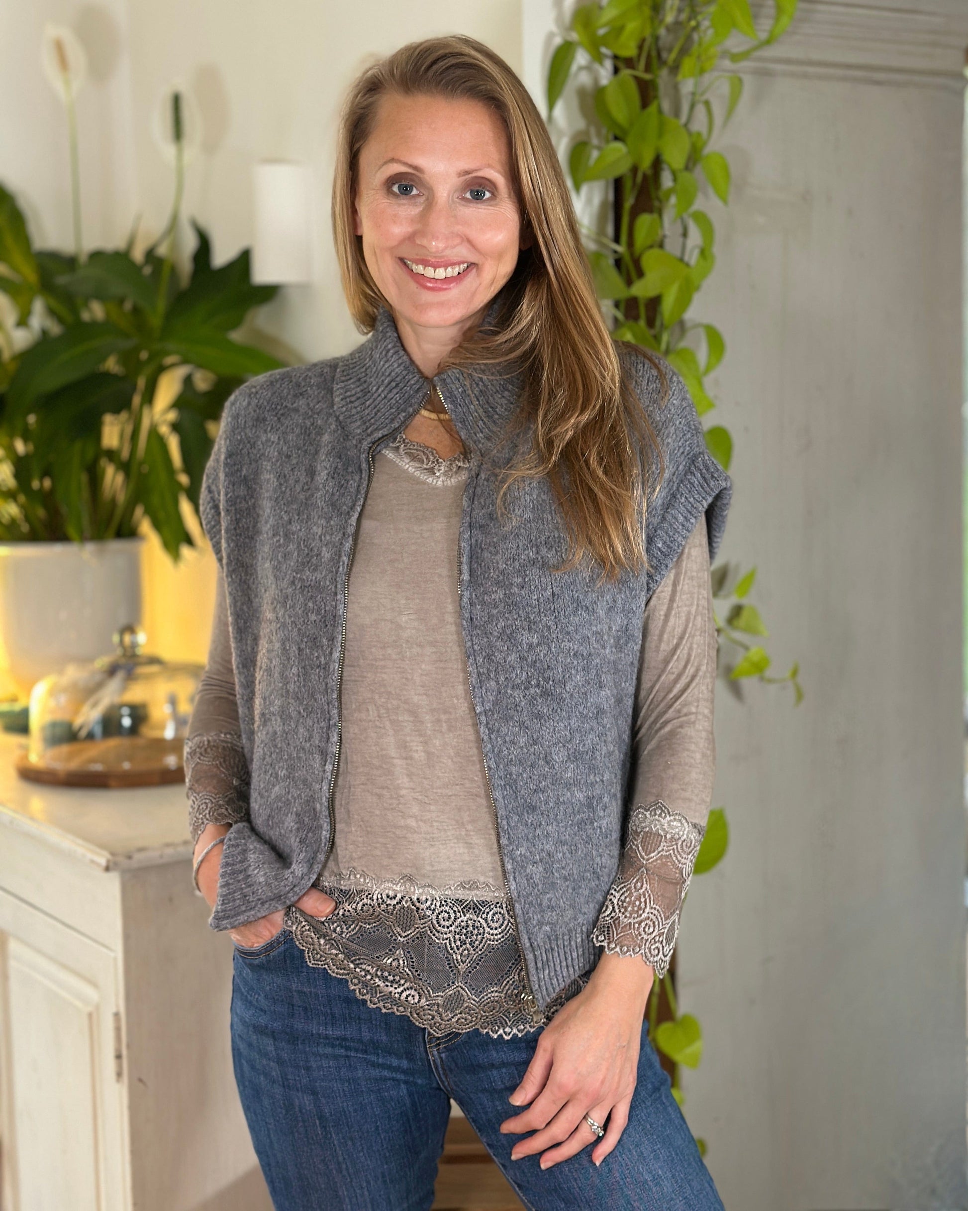 clothing Sleeveless Mohair Zip-Up Jacket - Grey