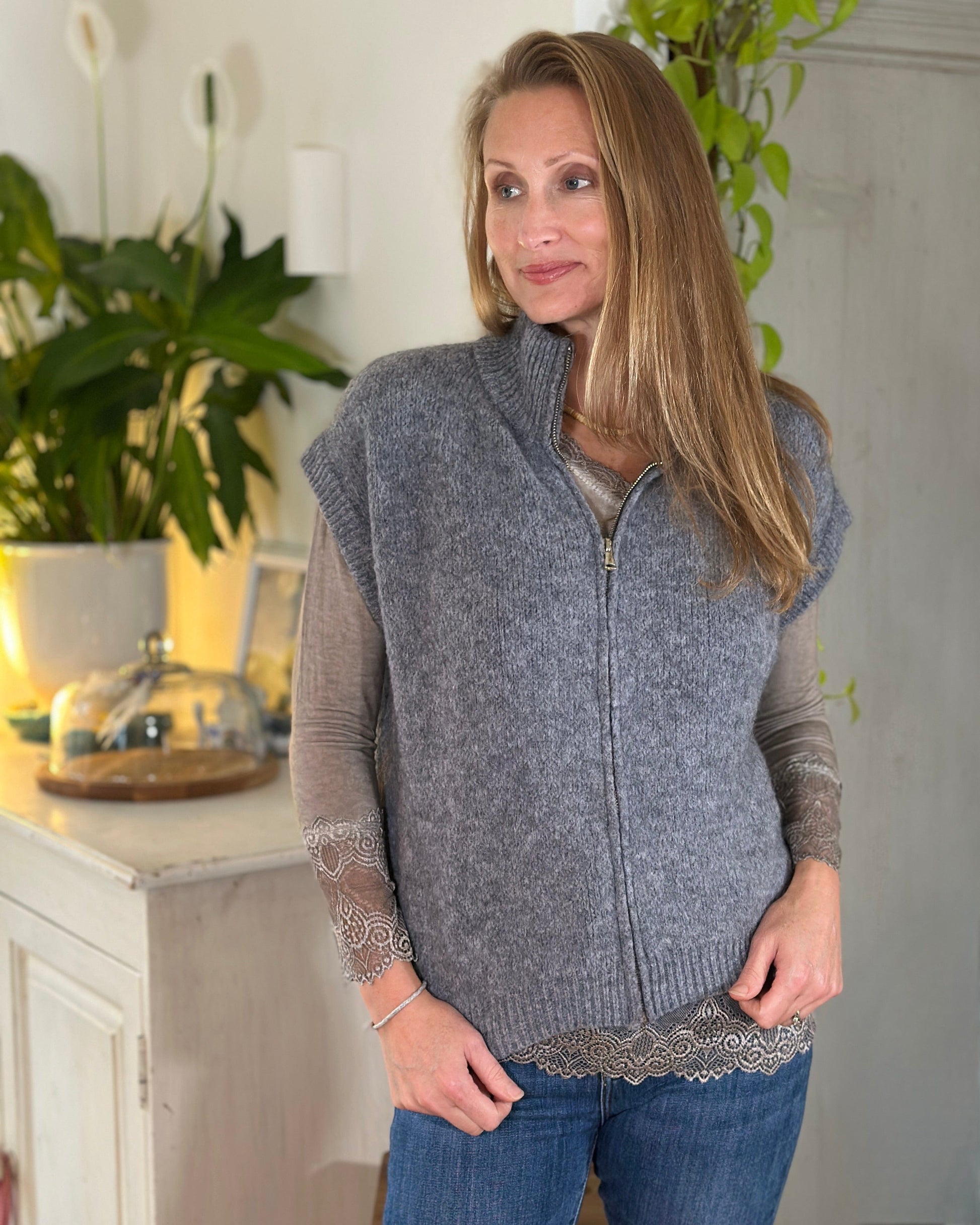 clothing Sleeveless Mohair Zip-Up Jacket - Grey