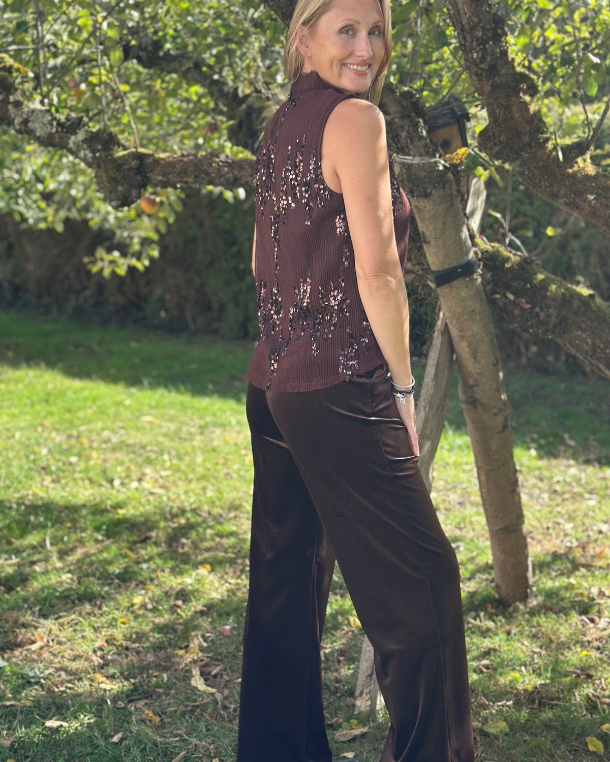 Clothing Sleeveless Sequin and Lace Top - Chocolate