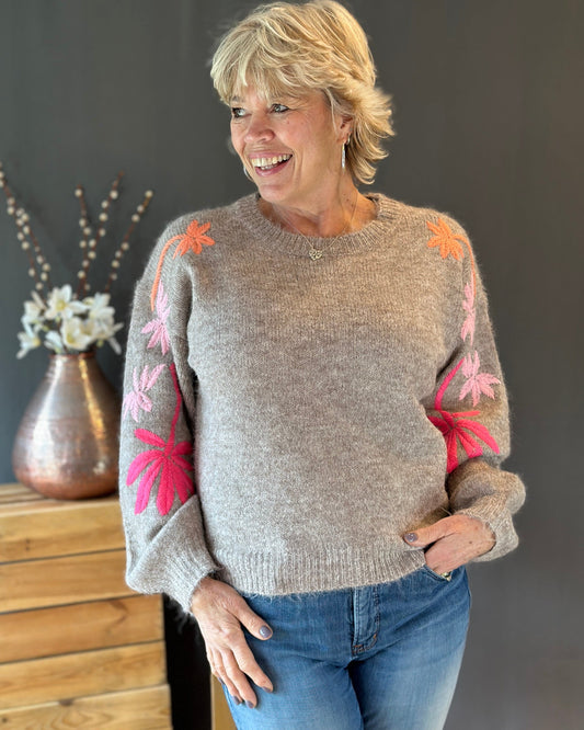 Clothing Soft Knit Jumper With Embroidered Sleeves - Taupe
