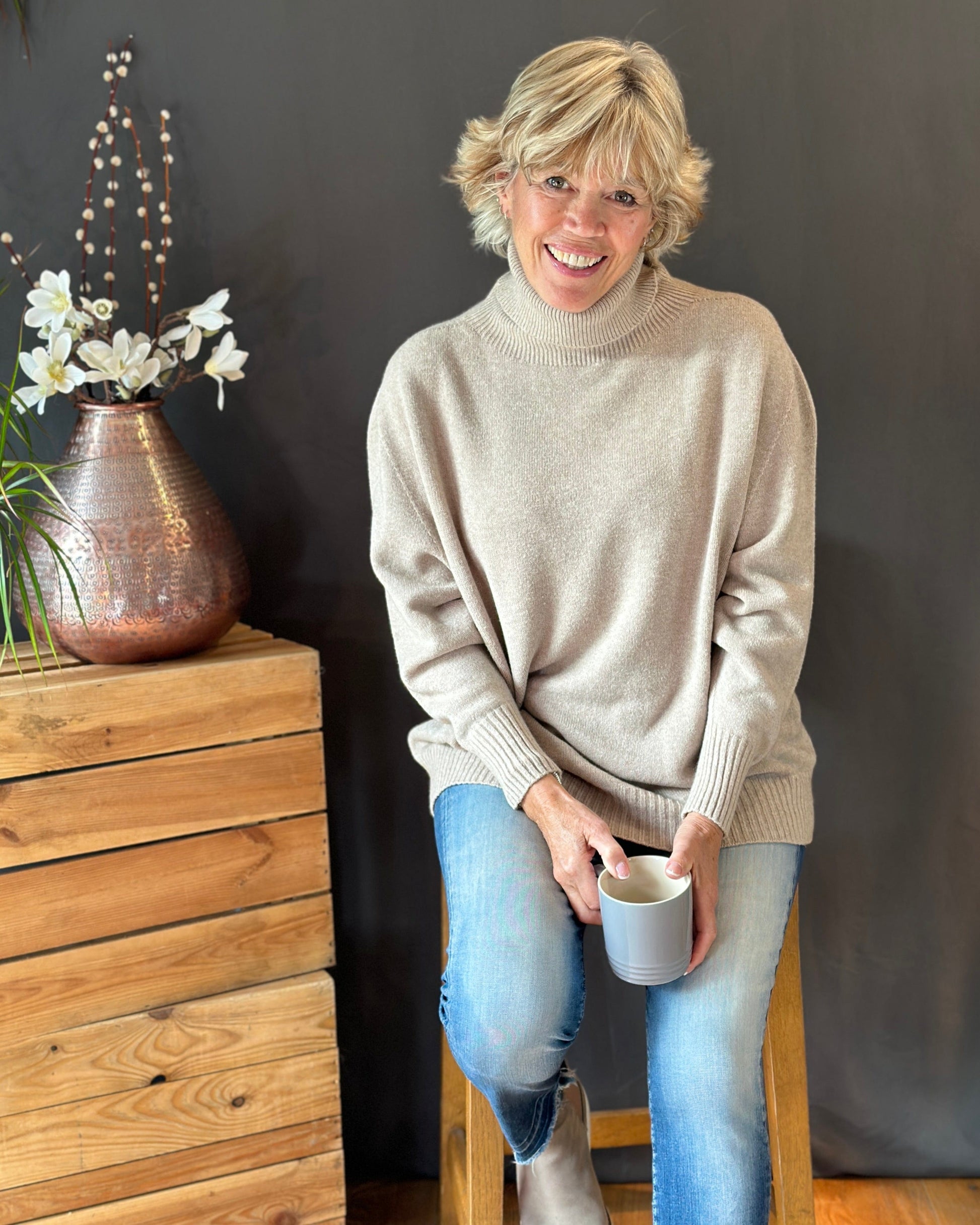 Clothing Soft Knit Roll Neck Jumper - Beige