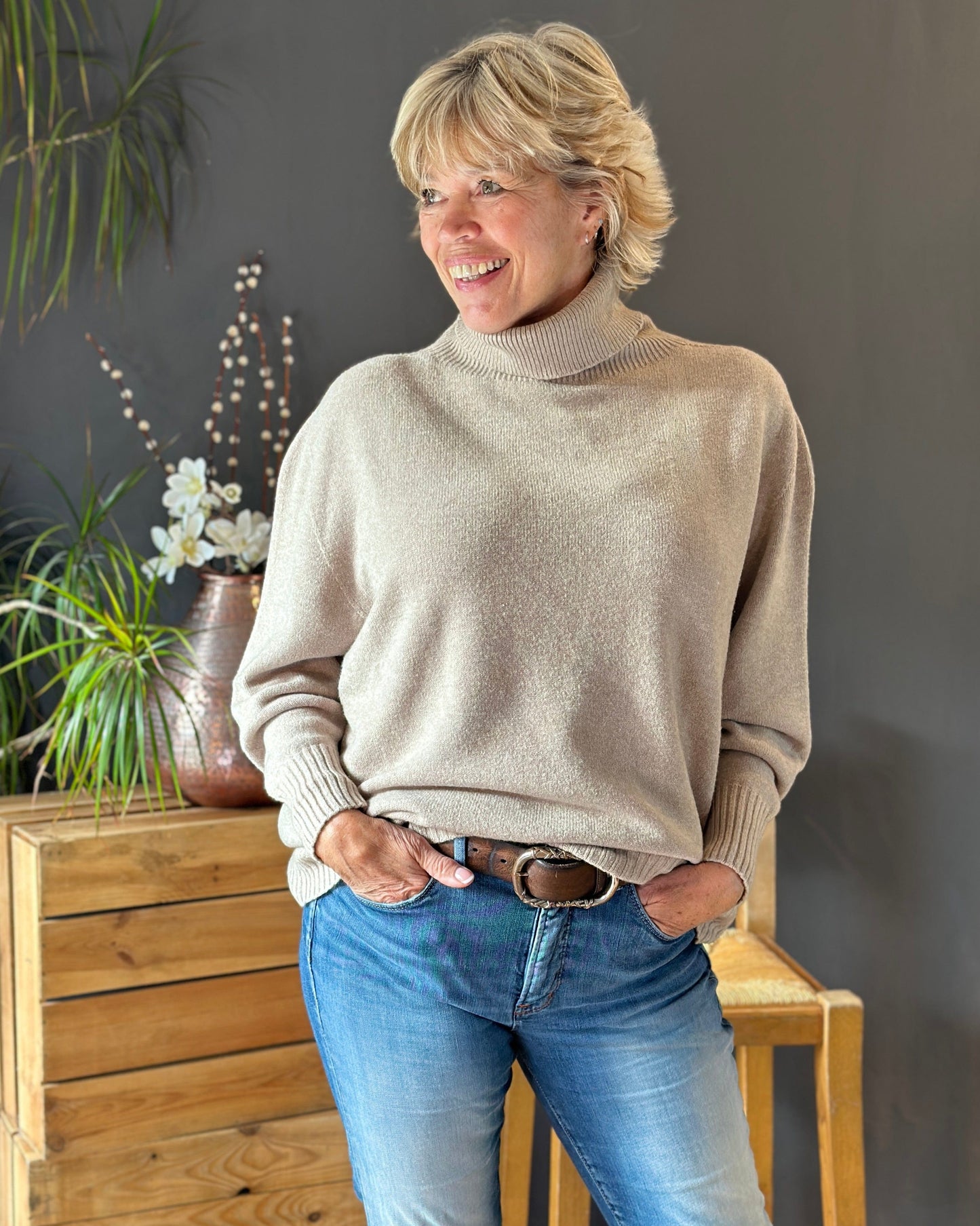Clothing Soft Knit Roll Neck Jumper - Beige